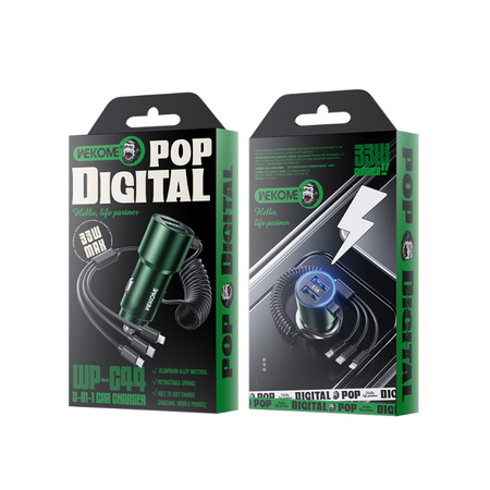 WEKOME WP-C44 Pop Digital Series - Car charger with built-in 3-in-1 USB-C / Lightning / Micro USB + 2x USB-A 33W cable (Black)