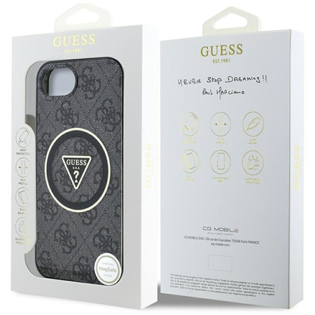 Guess IML Metal Glitter 4G Circle Triangle MagSafe - Pouzdro pro iPhone 16e (černé)