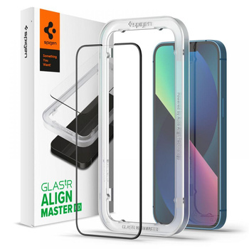 Spigen Alm Glass FC - gehärtetes Glas für iPhone 16e / iPhone 14 / iPhone 13 / iPhone 13 Pro (schwarzer Rahmen)