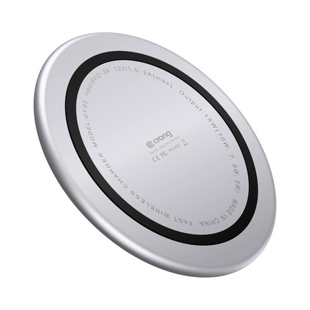 Crong PowerSpot Fast Wireless Charger - Aluminum Qi 15W USB-C wireless charger with tempered glass coating (Silver White)