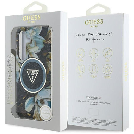 Guess Glitter Flowers Triangle Buttons MagSafe - étui pour Samsung Galaxy S25 (noir)