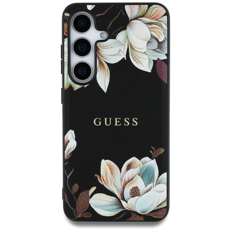 Guess Grained Flower Pattern MagSafe - étui pour Samsung Galaxy S25 (noir)