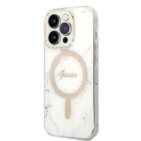 Guess Bundle Pack MagSafe IML Marble - Étui MagSafe pour iPhone 14 Pro Max + chargeur (blanc/or)