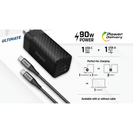 Energizer Ultimate - cestovní nabíječka Multiplug EU / UK / US GaN USB-C a USB-A 90W PD + kabel USB-C (černá)