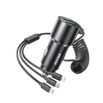 WEKOME WP-C44 Pop Digital Series - Autoladegerät mit integriertem 3-in-1 USB-C / Lightning / Micro USB + 2x USB-A 33W Kabel (Schwarz)