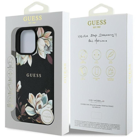 Guess szemcsés nyomtatott virágmintás MagSafe - tok iPhone 16 Pro Max készülékhez (fekete)