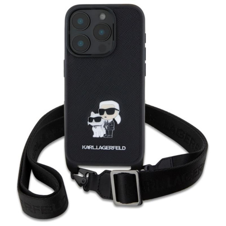Karl Lagerfeld Saffiano Karl & Choupette Metal Pin CBDY Strap - Hülle für iPhone 16 Pro Max (schwarz)