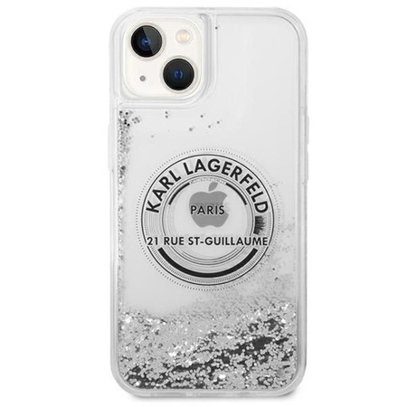 Karl Lagerfeld Liquid Glitter Round RSG Logo Case - pouzdro pro iPhone 14 Plus (stříbrné)