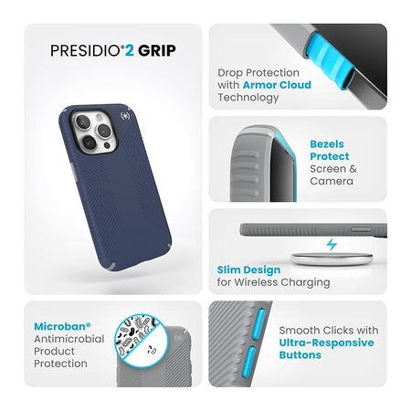 Speck Presidio2 Grip - iPhone 15 Pro Tasche (Küstenblau / Staubgrau / Weiß)