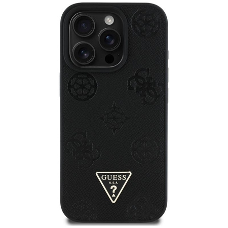 Guess Grainé Hot Stamp Peony Triangle Logo MagSafe - Coque pour iPhone 16 Pro (noir)