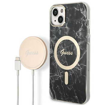 Guess Bundle Pack MagSafe IML Marble - sada pouzdra pro iPhone 14 Plus + nabíječka MagSafe (černá/zlatá)