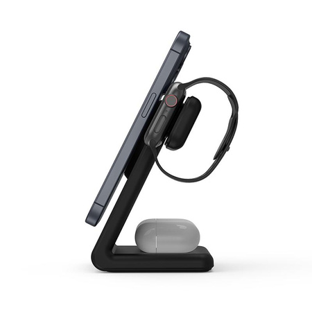 Crong MagSpot Pivot Stand - Caricabatterie wireless 3 in 1 con MagSafe per iPhone, Apple Watch e AirPods (nero)