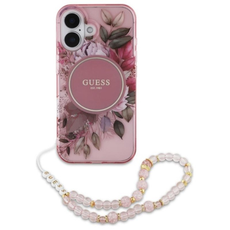 Guess IML Flowers With Pearl Strap MagSafe - Coque pour iPhone 16 Plus (rose)