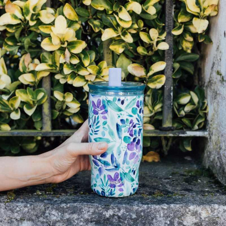Quokka Mist - 720 ml stainless steel thermal mug with straw (Violet Blooms)