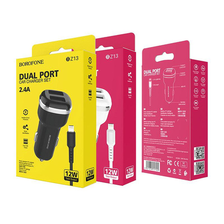 Borofone - nabíječka do auta 2x USB Lightning kabel v balení, černá
