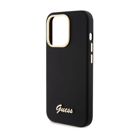 Guess Silikon Script Metall Logo & Rahmen - iPhone 15 Pro Tasche (schwarz)