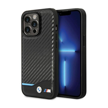 BMW Leather Carbon Blue Line - tok iPhone 13 Pro készülékhez (fekete)