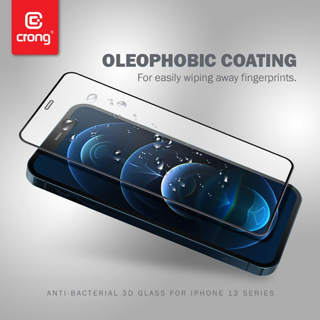Crong 3D Armour Glass antibactérien - Verre trempé 9H pour iPhone 12 / iPhone 12 Pro plein écran + cadre d'installation