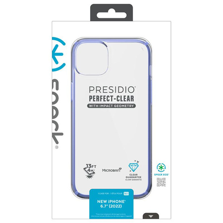 Speck Presidio Perfect-Clear s nárazovou geometrií - pouzdro pro iPhone 15 Plus / 14 Plus s povrchovou úpravou MICROBAN (čiré / uzemněné fialové)