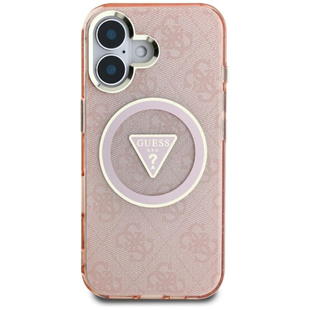 Guess IML Metal Glitter 4G Circle Triangle MagSafe - Hülle für iPhone 16 (rosa)