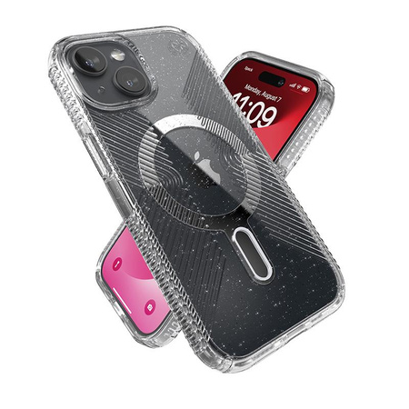 Speck Presidio Lux Grip ClickLock & Magsafe - pouzdro pro iPhone 16e / iPhone 15 / iPhone 14 / iPhone 13 (Clear / Platinum Glitter / Chrome Finish / Serene Silv