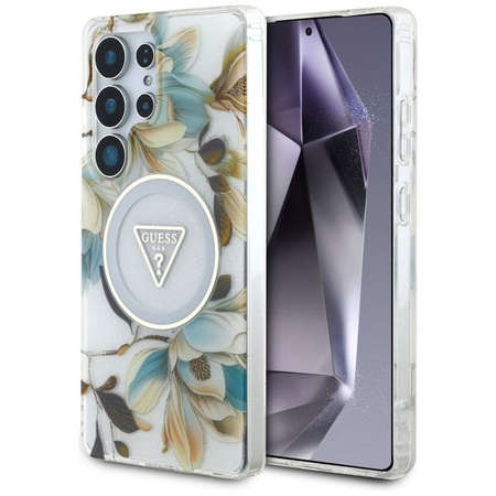 Guess Glitter Flowers Triangle Buttons MagSafe - Tasche für Samsung Galaxy S25 Ultra (weiß)