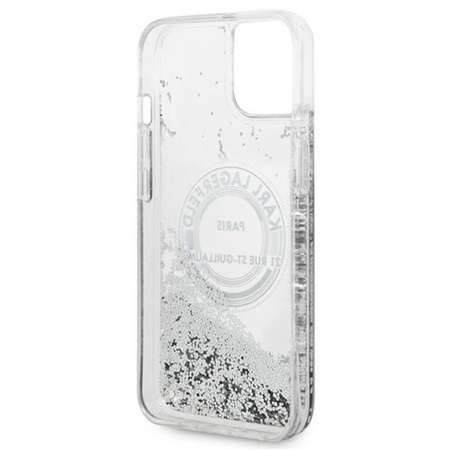 Karl Lagerfeld Liquid Glitter Round RSG Logo Case - pouzdro pro iPhone 14 Plus (stříbrné)