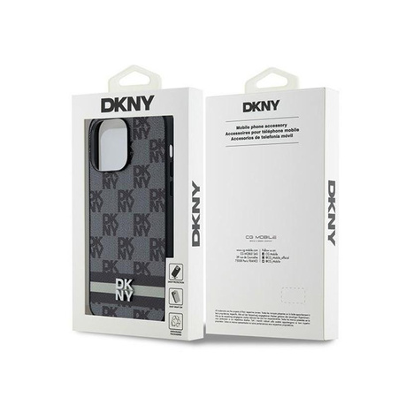 DKNY Leather Checkered Mono Pattern & Printed Stripes - iPhone 14 Pro Max Case (Black)