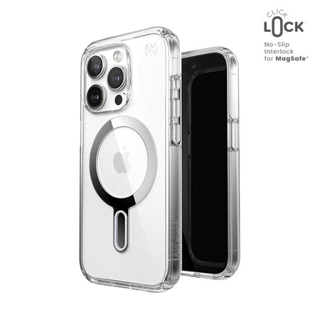 Speck Presidio Perfect-Clear ClickLock & Magsafe - pouzdro pro iPhone 15 Pro (Clear / Chrome Finish / Serene Silver)