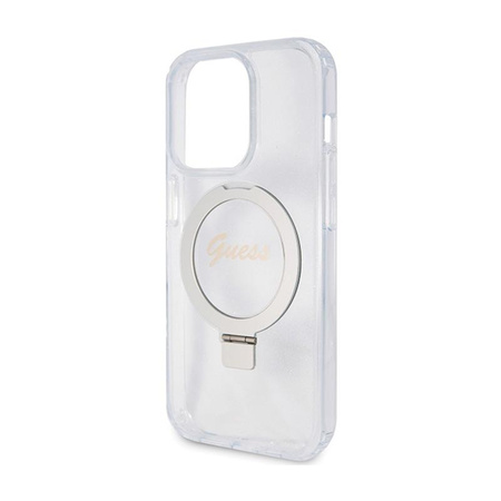 Guess Ring Stand Script Glitter MagSafe - Coque iPhone 15 Pro Max (Transparent)