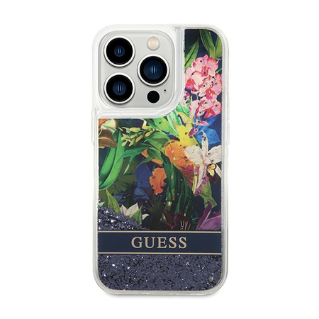 Guess Liquid Glitter Flower - Case for iPhone 14 Pro (Blue)