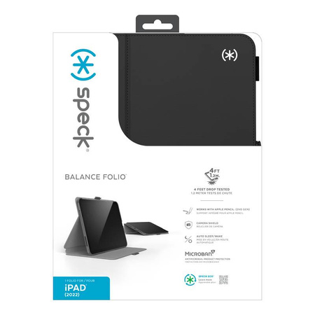 Speck Balance Folio - pouzdro pro iPad 11" (2025) / 10,9" (2022) s povrchovou úpravou MICROBAN, magnetem a stojánkem (černé)