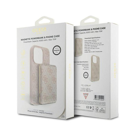 Guess Bundle Pack MagSafe 4G Metall Gold Logo - Etui Set + Power Bank 5000mAh MagSafe iPhone 15 Pro Max (rosa)