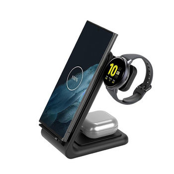 Crong PowerSpot Pivot Stand - bezdrátová nabíječka 3 v 1 pro Samsung a Android, Galaxy Watch a sluchátka TWS (černá)