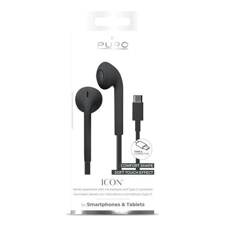 PURO ICON Stereo Earphones - Słuchawki USB-C z płaskim kablem z mikrofonem i pilotem (Czarny)