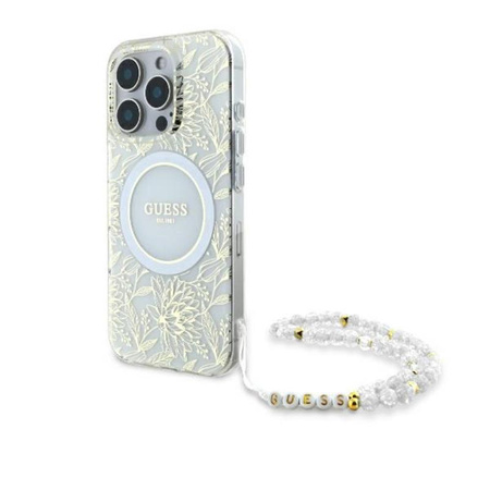 Guess IML Flowers Allover Electro With Pearl Strap MagSafe - Case for iPhone 16 Pro Max (White)
