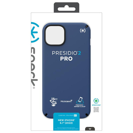 Speck Presidio2 Pro - Antibakteriální kryt pro iPhone 15 Plus / 14 Plus (Přímořská modrá / Černá / Bílá)