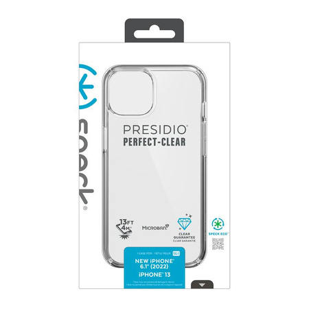 Speck Presidio Perfect-Clear - pouzdro pro iPhone 14 / iPhone 13 s povrchovou úpravou MICROBAN (čiré)