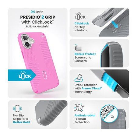 Speck Presidio2 Grip ClickLock & MagSafe - iPhone 16 Plus Case (True Pink / Shocking Pink / White)