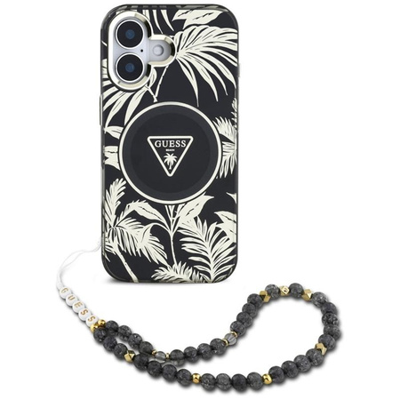 Guess Palm Trees Triangle Pearl Strap MagSafe - Hülle für iPhone 16 (schwarz)
