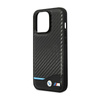 BMW Leder Carbon Blue Line - Tasche für iPhone 14 Pro (Schwarz)