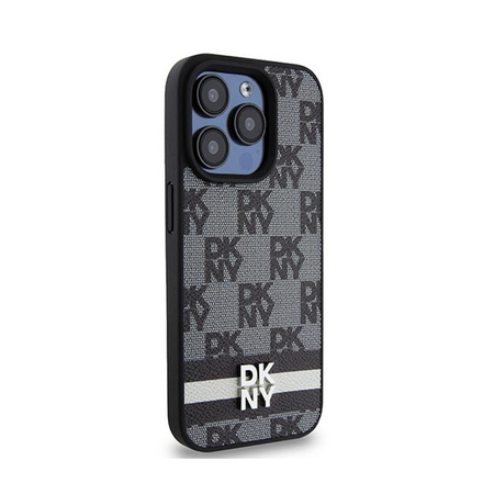 DKNY Leather Checkered Mono Pattern & Printed Stripes - Coque pour iPhone 15 Pro Max (noir)