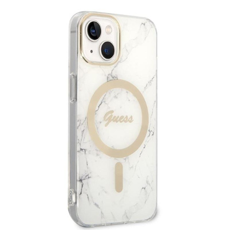 Guess Bundle Pack MagSafe IML Marble - Zestaw etui + ładowarka MagSafe iPhone 14 (biały/złoty)