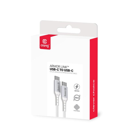 KABEL USB C 1.5m SZYBKIE ŁADOWANIE, Biały, Oplot, 60W PD 3A, Crong