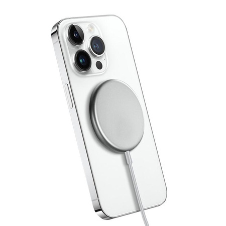 Crong MagSpot Drahtloses Ladegerät - MagSafe 15W Aluminium Induktives Ladegerät (Silber Weiß)