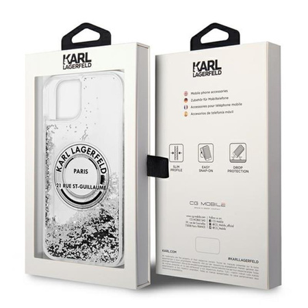 Karl Lagerfeld Liquid Glitter Round RSG Logo Case - pouzdro pro iPhone 14 Plus (stříbrné)