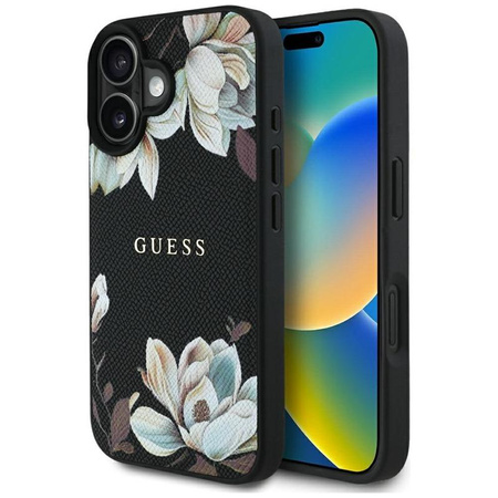 Guess Grained Printed Flower Pattern MagSafe - Etui do iPhone 16 (czarny)
