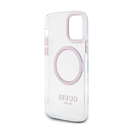Pouzdro Guess Metal Outline MagSafe - iPhone 12 / iPhone 12 Pro (průhledné / růžové)