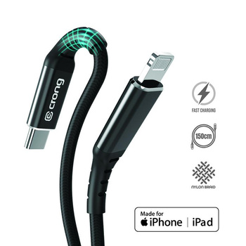Crong Armor Link - USB-C na Lightning rychlonabíjecí kabel MFi 150 cm (černý)