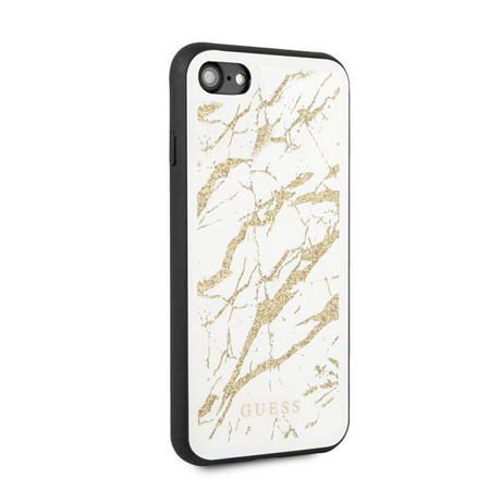Guess Marble Glass Gold Glitter - pouzdro pro iPhone SE 2020 / 8 / 7 (bílé)